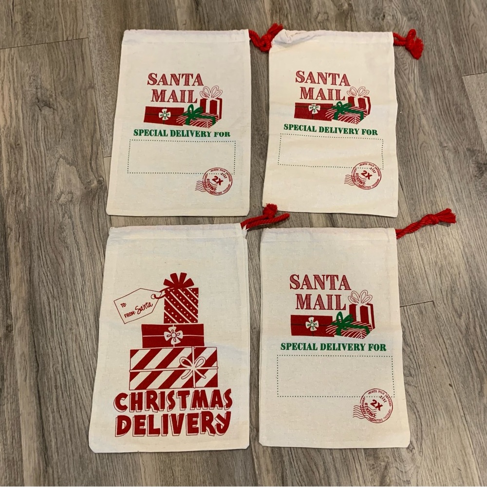 4 Christmas Santa Sacs with drawstring 10 inch  x 15 inch gift cloth Fabric